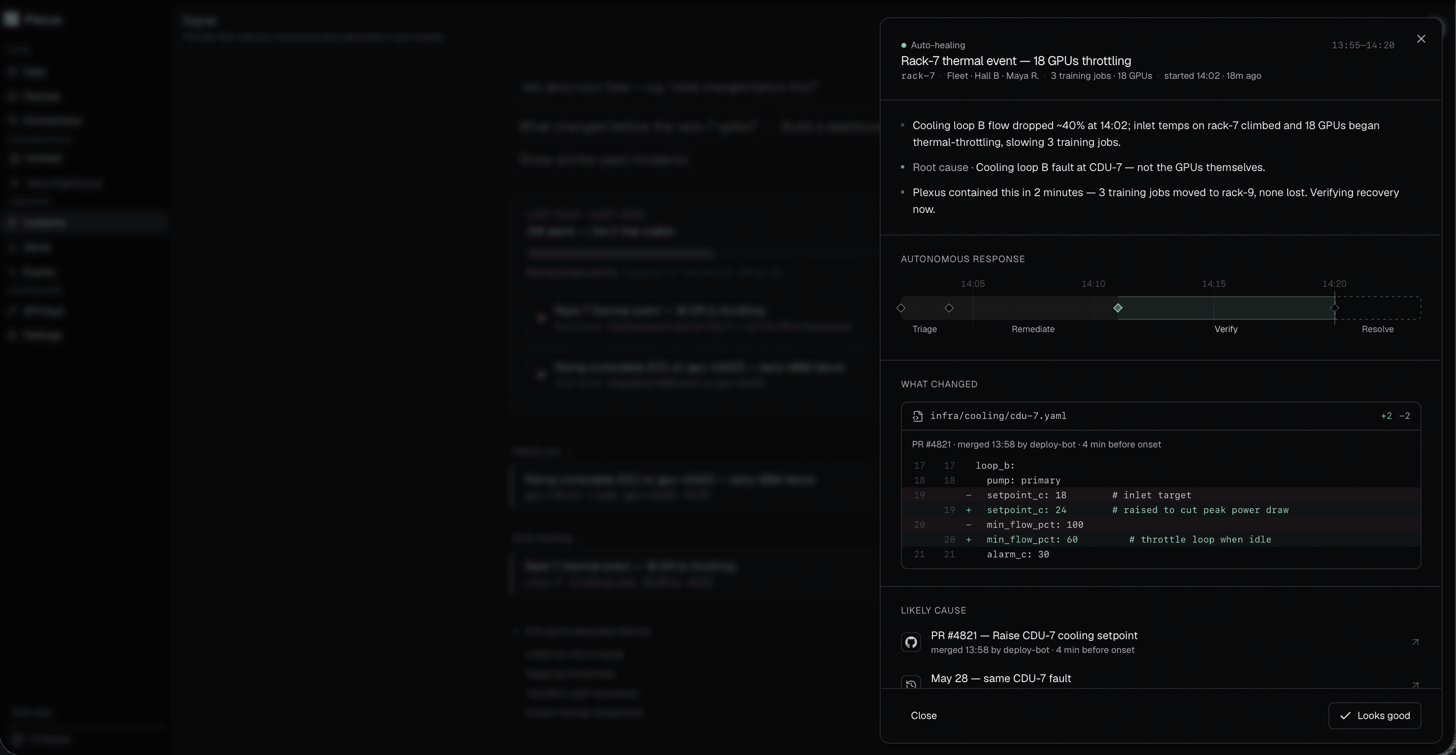 Plexus signal view — a fleet's hour of alerts collapsed to the two that matter, each with AI root-cause analysis and an autonomous response timeline